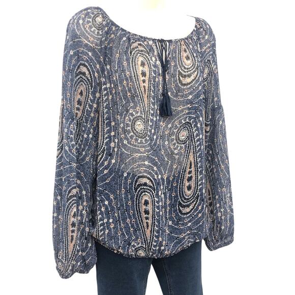 Lucky Brand Blue Pink Paisley Long Sleeve Popover Top Elastic Waist Tassel Ties - Picture 4 of 16